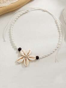 Bohemian Adjustable Shell Woven Flower Pendant Necklace - White & Black Bead Accents, Lightweight Beach Jewelry For Women, Everyday Summer Gift, Year-Round Versatile Accessory, Casual Jewelry, Natural Aesthetic, Boho Chic Accessory, Delicate Craftsmanship, Boho Fashion Lovers - Multicolor - View 2