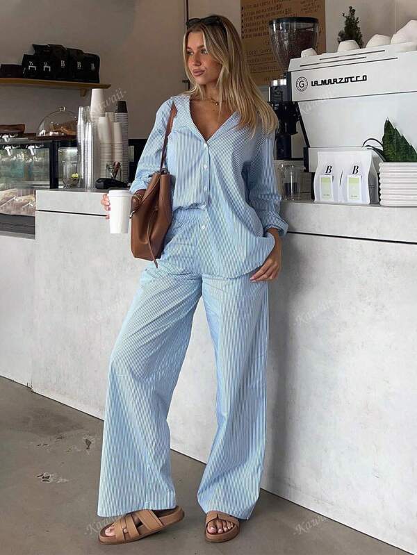 Fashion Long Sleeve Single Breasted Lapel Shirt With Elastic Waist Wide Leg Straight Pants Set, Casual Autumn