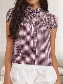 Women's Button Down Shirts Cap Sleeve Lapel Collar Stripes/Plaid Print Slim Fit Tops Summer Shirts - Burgundy - View 4
