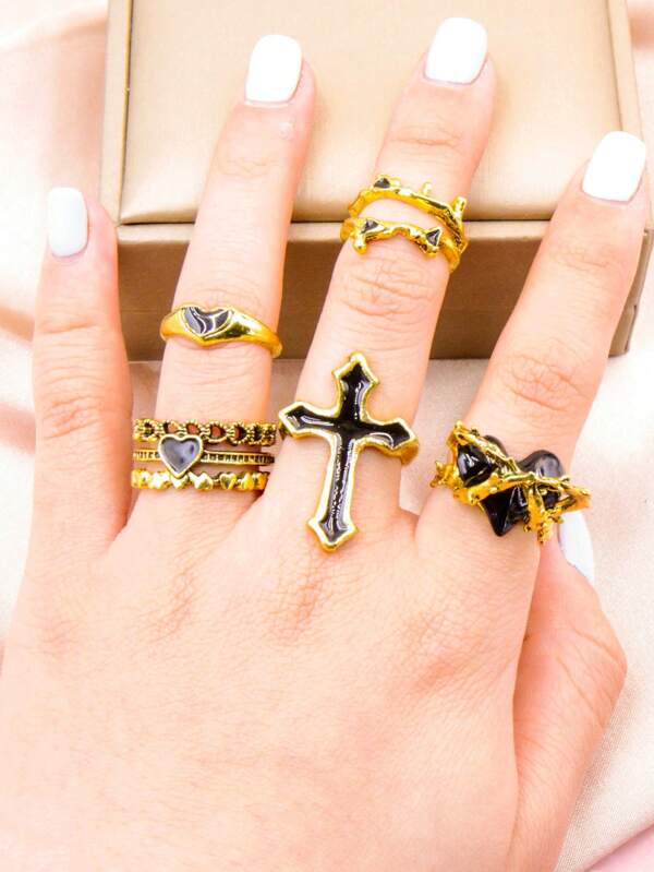 5pcs/Set Fashionable Sparkling Zirconia Black Heart And Cross Open Ring Set, New Festival Collection, Suitable As Festival Gift