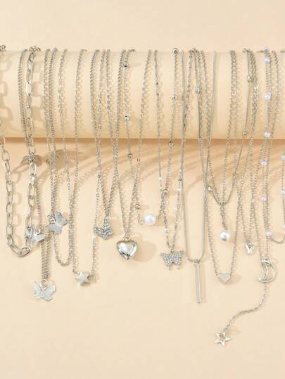 14pcs Set Of Fashionable, Elegant, Minimalist Butterfly, Heart, Star & Moon Y2K Pendant Necklaces, Unisex Design Suitable For Vacation, Party, Dating, Gift, Daily Matching, Holiday Season Wish