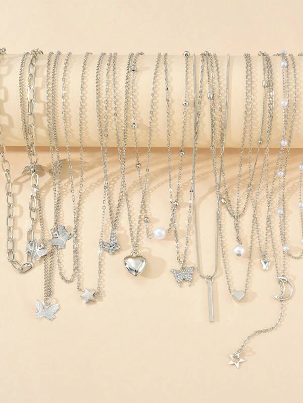 14pcs Set Of Fashionable, Elegant, Minimalist Butterfly, Heart, Star & Moon Y2K Pendant Necklaces, Unisex Design Suitable For Vacation, Party, Dating, Gift, Daily Matching, Holiday Season Wish