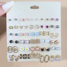 30 pares/tarjeta de pendientes tipo mariposa, corazón, lazo, perla y flor, un set sencillo y versátil