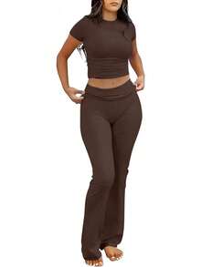 ANRABESS Lounge Sets For Women 2 Piece Foldover Yoga Flare Leggings Pants Crop Tops Casual Y2K Outfits Matching Tracksuit Set - 綠湖 - 查看 10