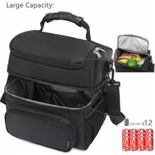 FlowFly Insulated Lunch Bag Adult Lunch Box Large Tote Double Layer Cooler Men, Women, With Adjustable Strap,Front Pocket And Mesh Side Pockets,Black