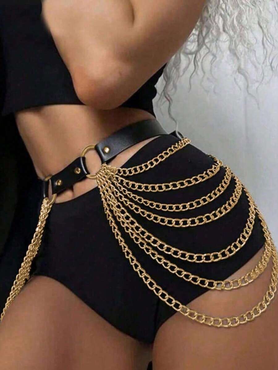 1件女士真皮腰链，金色链条，装饰配饰