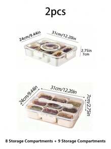 1pc/2pcs Crisper Box With Lid, 4/8/9 Compartments Capacity, Divider Storage Dinner Plate, Divider Storage Box With Handles, Fridge Storage Box With Removable Snack Box, Spice, Dry Ingredients, Candy, Vegetable, Fruit, Nut Storage Box, Kitchen Food Storage Box, Suitable For Family, Travelling, Party, Picnic.