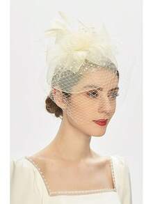 Derby Fascinators Women High Tea Party Hat Wedding Cocktail Flower Headware With Mesh And Feathers - A-ngà voi - Xem 5