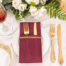 100PCS Burgundy Red Paper Napkins With Built-In Flatware Pocket - Burgundy Red And Gold Prefolded Cloth Like Disposable Napkins - Heavy-Duty Linen-Feel Dinner Napkins For Christmas & Party - Burgundy - View 5