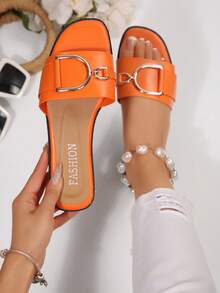 Sandale plate la modă pentru femei, cu decor elegant cu cataramă, pantofi casual de vară