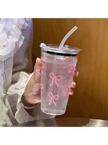 1个透明塑料杯，带缎带图案，休闲水瓶，日常使用 - 彩色 - 查看 7