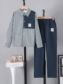 2pcs/Set Boys' Spring & Autumn Striped Long Sleeve Lapel Shirt & Pants Suit, Comfortable Casual Outfit, School Style