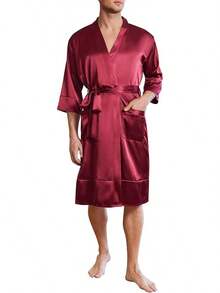 Mens Satin Robe Lightweight Silky Kimono Bathrobe 3/4 Sleeve Spa Knee Length Loungewear With Pockets S-3XLhalloween - Burgundy - View 1