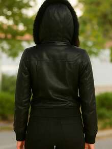 Faux Leather Jacket With Lined Cap - 黑色 - 查看 2