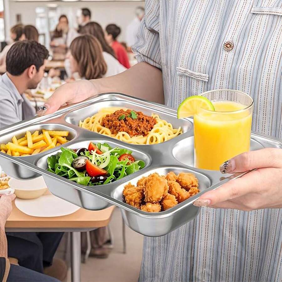 1 件不锈钢矩形分隔托盘、自助餐厅餐盘、可重复使用的不锈钢分餐托盘