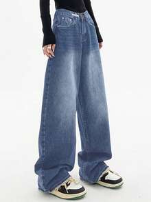 Women's Y2k Baggy Jeans High Waist  Wide Leg Jeans Casual Loose Boyfriends Trousers Vintage Grunge Streetwear, Fall And Winter Denim Pant For Women - Màu xanh lam - Xem 4