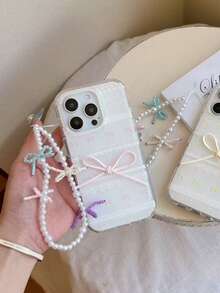 1 件优雅蕾丝蝴蝶结手机壳套装，配珍珠蝴蝶结挂绳，适用于 16/15/14/13 Pro Max
