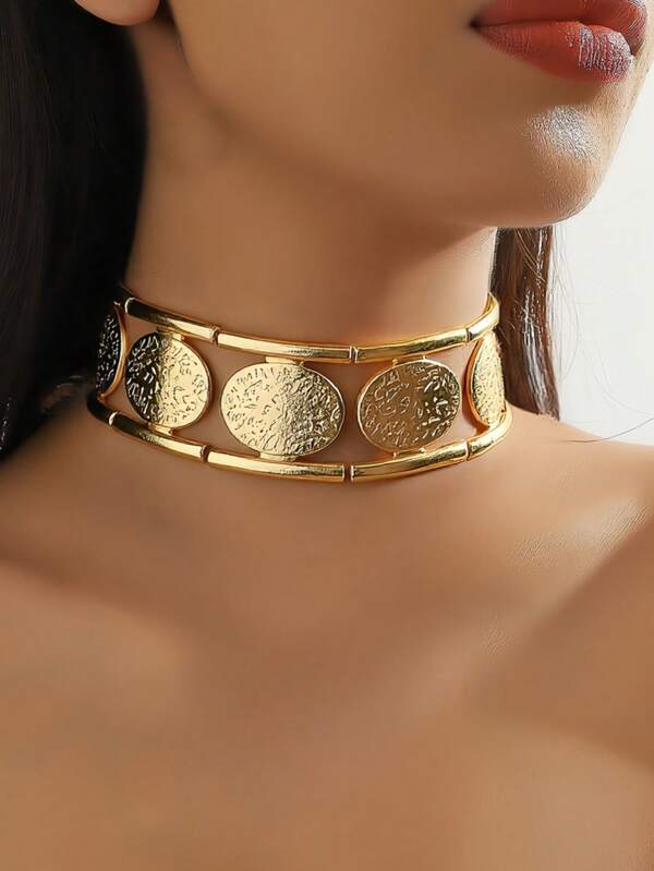 1 pièce Collier pour femme à la mode, personnalisé, avec design géométrique ovale exagéré texturé en métal martelé, manches cylindriques en métal