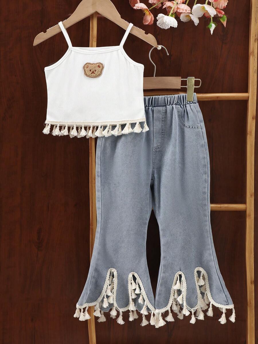 2pcs/Set Girls Cute Bear Embroidery Decor Camisole Top + Fashionable Tassel Flared Leg Pants, Stylish & Versatile Outfit