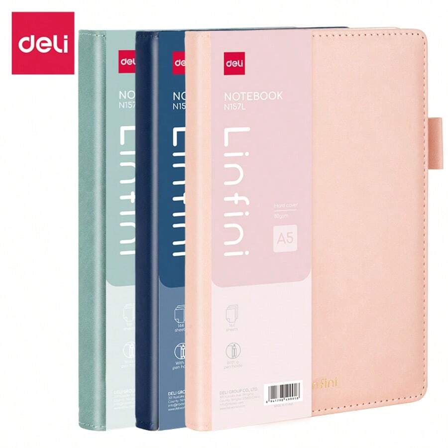 Deli A5 Ledergebundenes Notizbuch, 144 Blatt mit Stifthalter & Notizblock Fach, perfekt für Büro & Zuhause Gebrauch - A5 - Übersicht 1