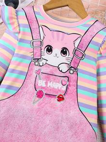 فستان كاجوال بأكمام طويلة وياقة دائرية، طباعة شريطية ملونة وشخصيات حيوانية مميزة، للبنات في فصل الخريف