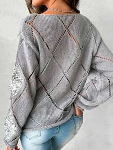 Apperloth A Fall/Winter Clothes For Women Sweater Splicing Sequins Hollow Out Semi-Sheer Rolled Edge Long Sleeve Tops Crew Neck Knit Pullover Without Vest Business Casual Daily Wear Christmas Clothes Old Money Style﻿