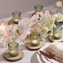 6Pcs Ribbed Blue Votive Candle Holders, Tea Light Candle Holders For Table Centerpiece, Blue Candle Holders For Wedding Decor, Home And Holiday Decor