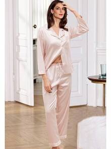 4Pcs Womens Silk Pajama Sets Satin Pajamas Set Sexy Cami Lingerie Pjs Nightwear Silky Pj Loungewear Sleepwearhalloween - 淡腮紅 - 查看 3