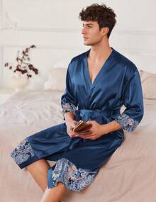 Mens Satin Robe Lightweight Silky Kimono Bathrobe 3/4 Sleeve Spa Knee Length Loungewear With Pockets S-3XLhalloween - 海軍藍圖案 - 查看 8