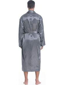 Lavenderi Mens Silky Satin Lounge Robe, Long Lightweight Sleepwear - Grey Stripe - View 3