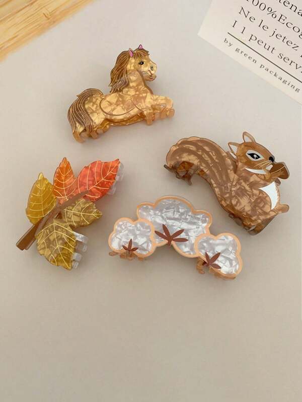 1pc Cute Animal & Plant Acrylic Hair Claw Clip, Cartoon Pony, Squirrel, Alpaca Shape Hair Clamp, Thanksgiving Maple Leaf Clamp, Creative Forest Animal Tree Stump Design Hair Accessories, For Women And Girls Animal Hair Clips, School Stuff, College Autumn Accessories Fall Winter For Vacation Outfits Woman