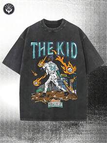 230g Washed, Baseball Legend Print Men's Summer T-Shirt, High-Quality Wax Printed Cotton All Season Casual T-Shirt, Suitable For Street And Outdoor Activities, Holiday Gifts, Perfect Gift - 黑色 - 查看 1