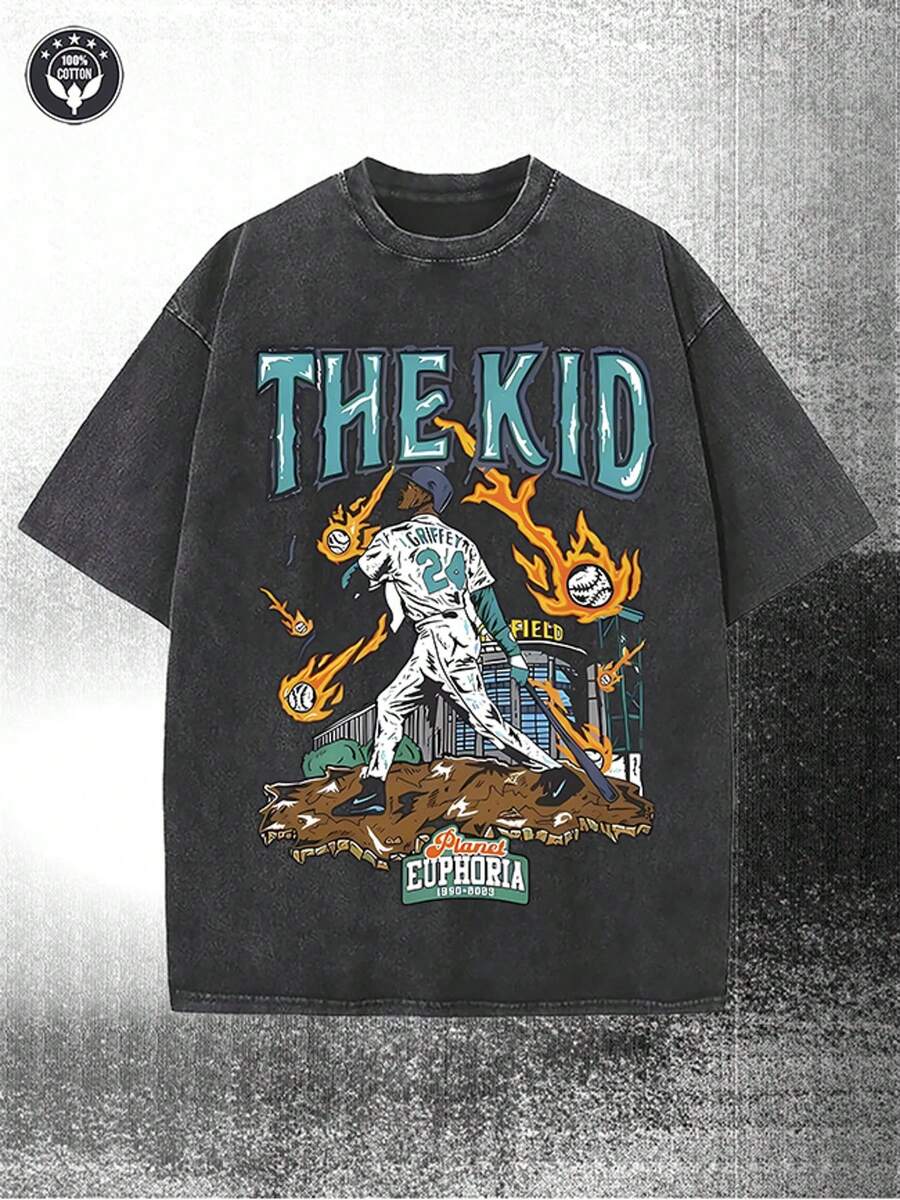 230g Washed, Baseball Legend Print Men's Summer T-Shirt, High-Quality Wax Printed Cotton All Season Casual T-Shirt, Suitable For Street And Outdoor Activities, Holiday Gifts, Perfect Gift - 黑色 - 查看 1