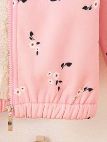 Young Girls ' Casual Floral Print Zip-Up Drop Shoulder Hooded Jacket, Thermal Lined, Autumn/Winter - Pink - View 6