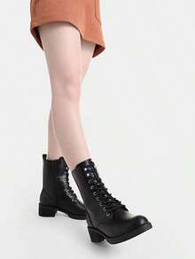 Women's Mid Calf Combat Boots Fashion Lace-Up Biker Ankle Booties Waterproof Military Winter Zip Boots - Black - View 5