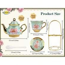 20-Piece European Floral Tea Set - 700ml Ceramic Teapot & 6x160ml Gold-Trimmed Cups With Saucers, Elegant Afternoon Tea Service For Women, Weddings & Parties - Includes Metal Holder