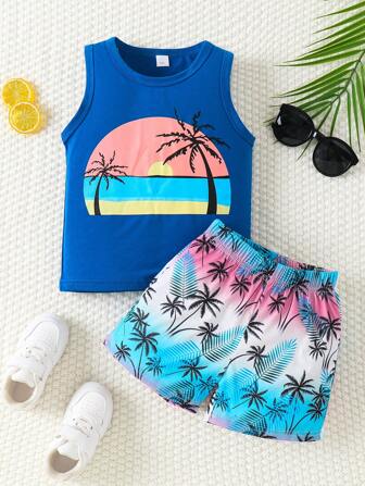 Set de 2 piezas Conjuntos informales de niño sin mangas con estampado de palmeras, atuendo de verano ligero y refrescante