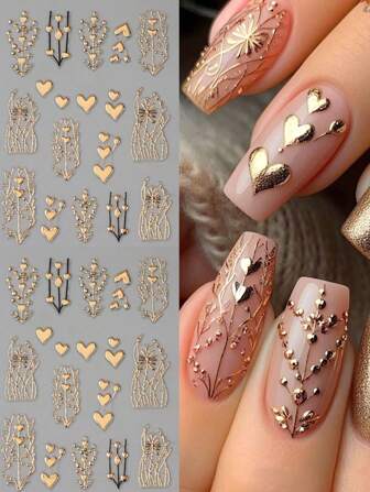 2 pezzi Adesivi per unghie 3D con cuori dorati, decorazioni in glitter con disegni metallici a cuore, autoadesivi, decorazioni per unghie per San Valentino e per uso quotidiano