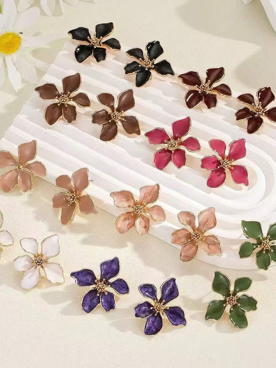 1 Pair Oil Drip Flower Stud Earrings, Elegant Women's Versatile Earrings For Vacation, Festivals
