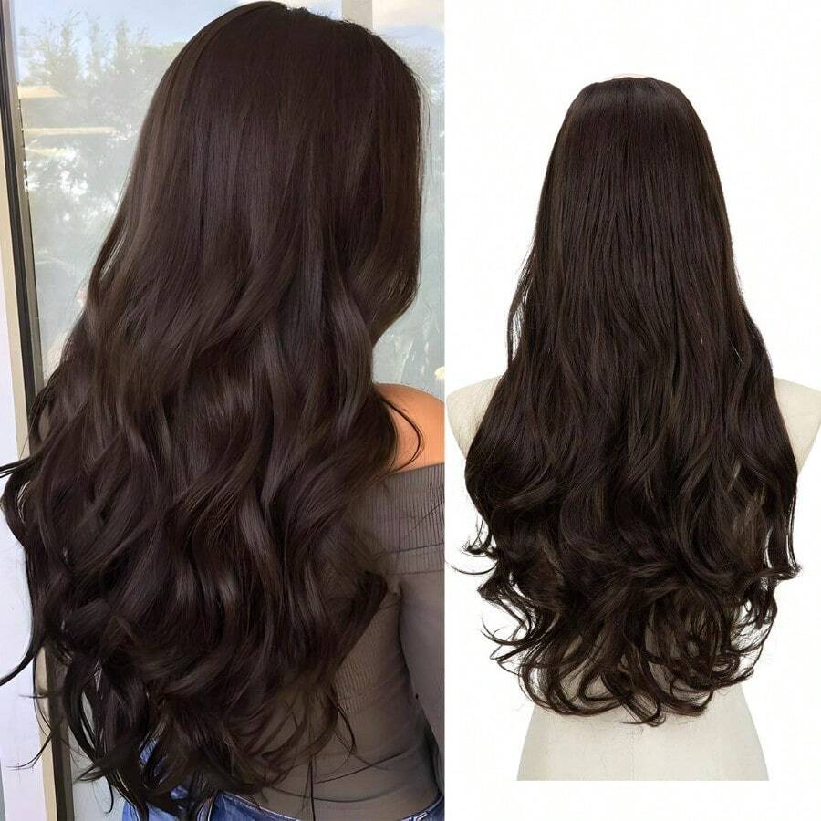 MSARLA Clip In U Part Hair Extensions Dark Brown Synthetic Long Wavy Curly Thick Full Head Hairpiece For Women 24 Inch6001 - 深棕色 - 查看 1