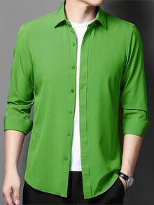 Men's Long Sleeve Button Down Dress Shirt In Microfiber Fabric, Silm Fit - 青檸色 - 查看 2