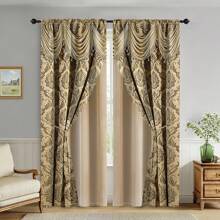 2pcs European Luxury Brown Printed Curtains - Semi-Sheer Polyester, Rod Pocket, Machine Washable, Bohemian Style With Golden Floral Pattern For Living Room, Kitchen, Bedroom & Office Decor, Curtains For Living Room