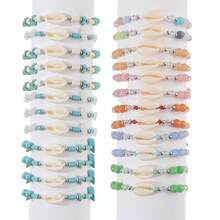 6 Sets Of 72pcs/2 Sets Of 24pcs/1 Sets Of 12pcs Fashionable Charm Ocean Elements Shell Starfish Beads Bracelet Jewelry, Suitable For Couples, Adjustable Bracelet & Anklet, Suitable For Daily, Beach, Travel, Wedding, Gift