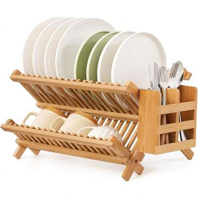 Bamboo Dish Drying Rack With Utensil Holder, 2 Tier Collapsible Dish Rack For Kitchen Counter, Large Folding Drying Holder, Dish Drainer, Kitchen Organizers And Storage