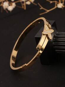 1 件不锈钢 18K 镀金时尚奢华交叉英文字母 X 镶嵌人造锆石扣手镯，个性化百搭手链，适合女性日常派对佩戴，送给女友/挚友的礼物 - 金色 - 查看 4