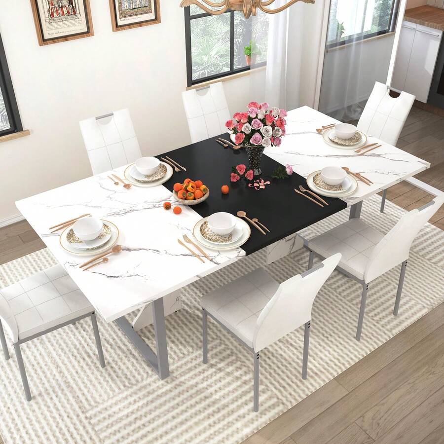 7-Piece Dining Table Set | Wooden Dining Table With 6 Upholstered Chairs For 6 People | 70in Kitchen Table W/Waterpoof Tabletop,Leather Chairs,Rectangular Tables W/Adjustable Leg For Dining Room - white (with 6 Chairs) - 查看 1