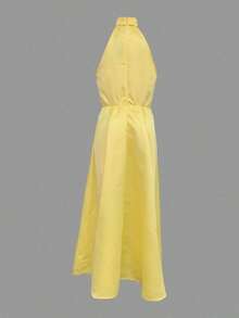Women's Solid Color Midi Dress V-Neck Sleeveless High Waist Pleated Party Dresses - Màu vàng - Xem 3