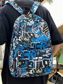 Casual Large Capacity Graffiti Contrast Color Multi-Pocket Functional Backpack, Unisex, Versatile For School, Errands, Travel, Suitable For Back To School Back To School Supplies