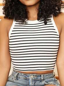 Steph T Áo ba lỗ croptop kẻ sọc dành cho nữ Áo thun họa tiết dành cho nữ - Đen và trắng - Xem 6