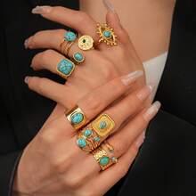 1 件复古绿松石戒指，波西米亚风格镀金合金/不锈钢指环，具有各种形状（方形/圆形/椭圆形）和镶嵌人造绿松石的设计，是一款适合日常佩戴、派对、度假和音乐节的个性堆叠配饰，可作为女性的个性化礼物，重返校园时尚。 - 金色 - 查看 9